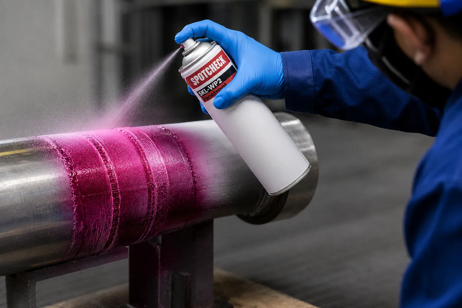 Penetrant testing spray applied to a welded pipe section during surface inspection