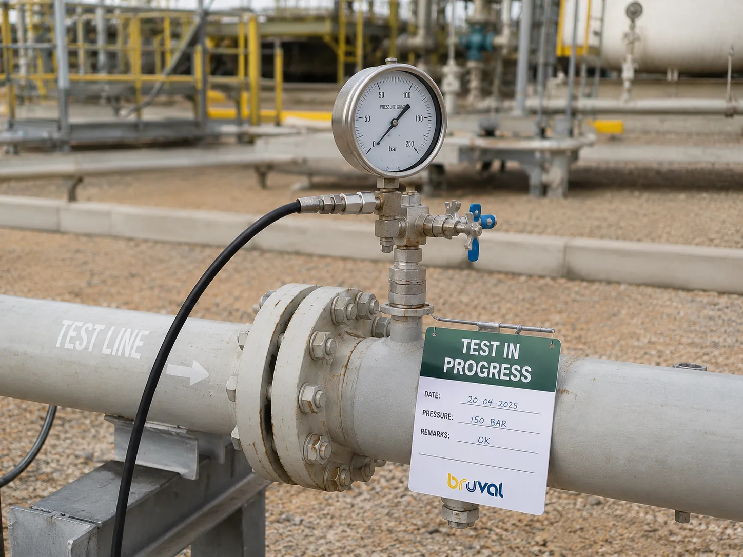 Pressure test gauge connected to industrial test equipment