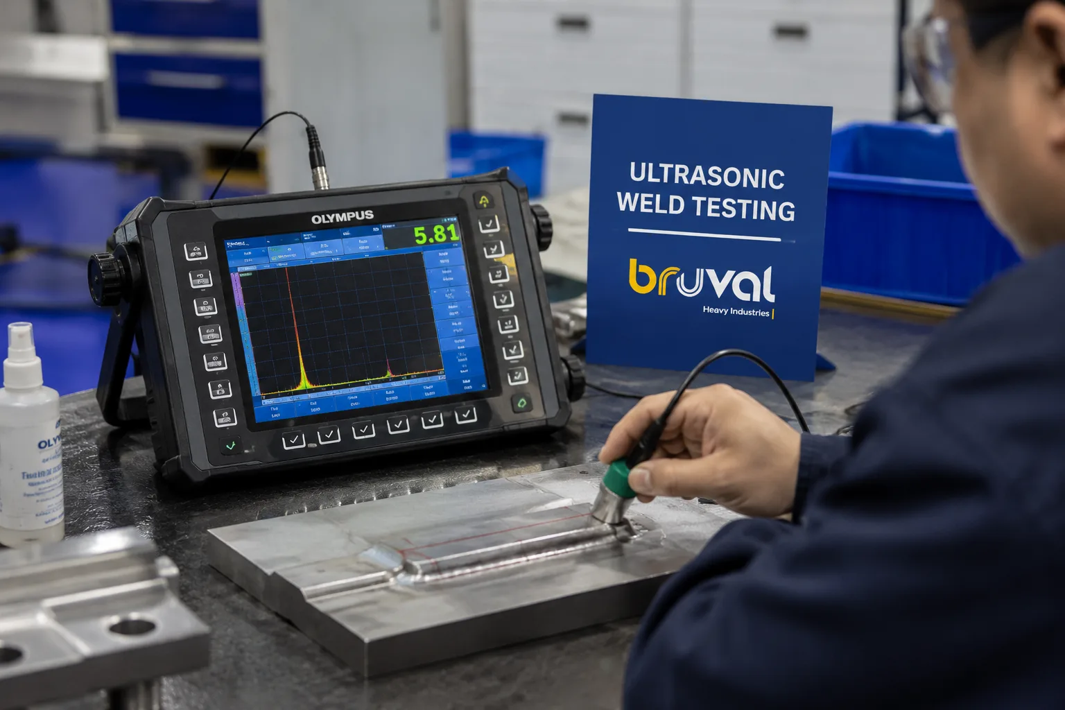 Ultrasonic weld testing equipment and probe inspecting a welded metal sample